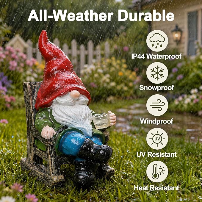 Solar Garden Gnomes Outdoor Statue with Rocking Chair and Teacup Decor, Lawn Decor for Yard, Patio, Balcony, Porch, Funny Gnomes Gift for Mom Women Men Dad Grandma