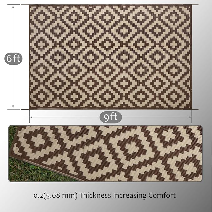 SAND MINE Reversible Mats, Plastic Straw Rug, Modern Area Rug, Large Floor Mat and Rug for Outdoors, RV, Patio, Backyard, Deck, Picnic, Beach, Trailer, Camping (6' x 9', Brown & Beige)