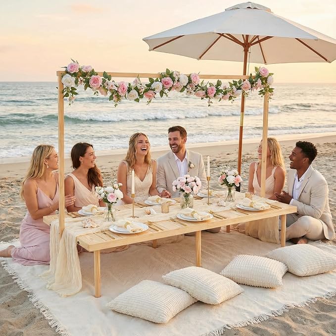 Beeveer 14 Pcs Picnic Kit 91x71 Inch Extra Large Outdoor Boho Picnic Blanket with White Table Runner, 6 Throw Pillow Cover 6 Napkin Woven Cotton Yarn Oversize Washable Beach Blanket for Camp Wedding