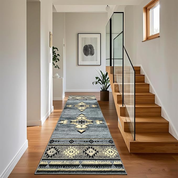 BENRON Western Hallway Runner Rug 2x8, Long Runners for Kitchen, Grey | Southwest aztec Rug, Accent and Tribal Throw Rugs for Bedroom, Washable