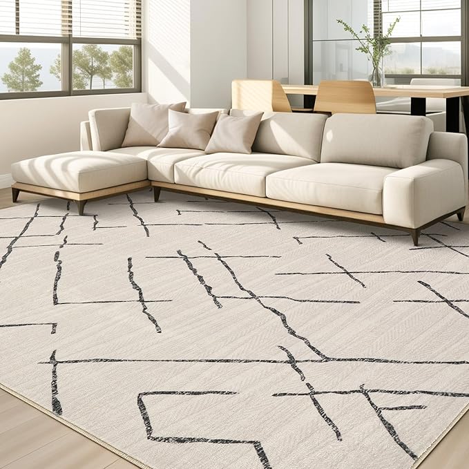 kakania Washable 10x12 Area Rug for Living Room: Boho Geometry Home Decor | Soft Stain Resistant, Low-Pile, Non-Slip, Pet & Kid Friendly, Thin Rug for Bedroom/Dining Room/Kids Dorm - Beige