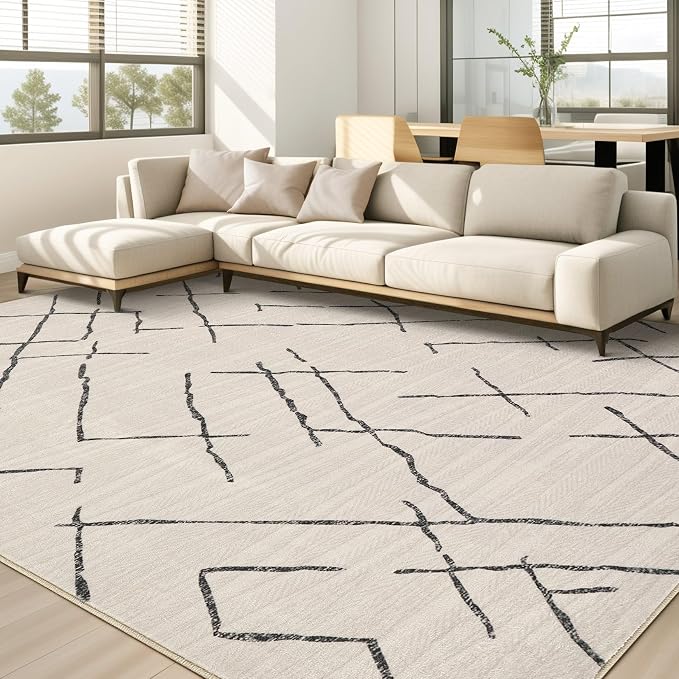 kakania Washable 8x10 Area Rug for Living Room: Boho Geometry Home Decor | Soft Stain Resistant, Low-Pile, Non-Slip, Pet & Kid Friendly, Thin Rug for Bedroom/Dining Room/Kids Dorm - Beige