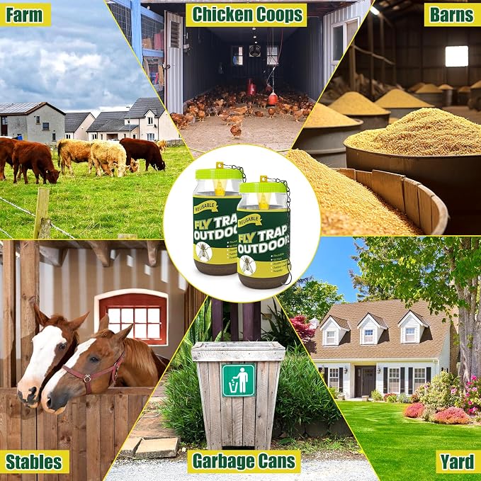 3 Pack Reusable Fly Traps Outdoor, Fly Killer Catcher Jar with 6 Natural Fly Bait Refills Lure, Flies Bug Insect Trap Control Outdoor Hanging for Outside Barns, Stable, Farm, Patio
