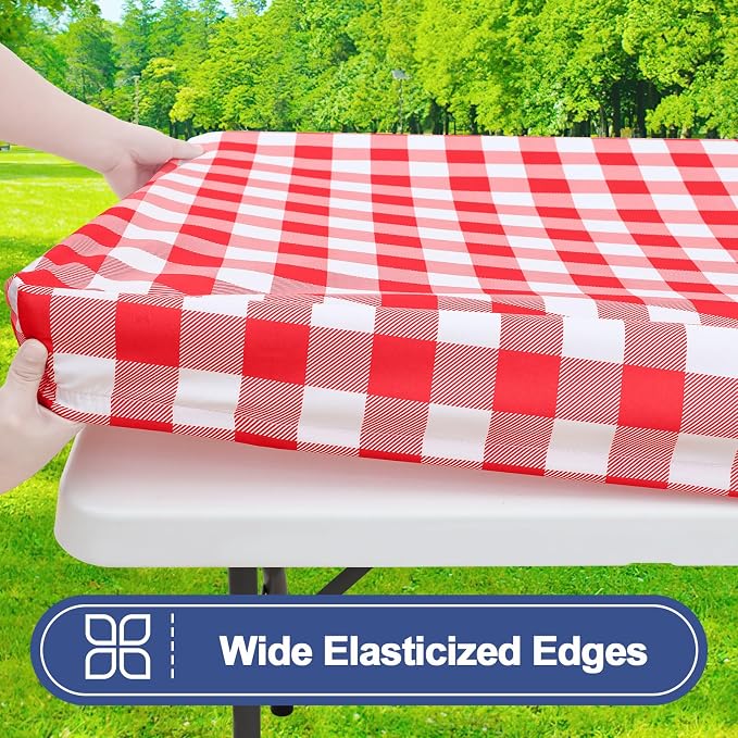 Smiry Picnic Table Cover with Bench Covers, Waterproof Elastic Fitted Tablecloths for 24x48 Rectangle Tables, Washable Buffalo Plaid Tablecloth for Camping, Outdoor (Red & White, 24" x 48")