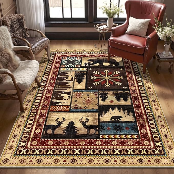 LOKHOM 4x6 Rustic Cabin Area Rug, Washable Western Lodge Bear Entryway Rug | Bear Pattern, Non-Slip, Low Pile, Soft Floor Carpet, Vintage Wildlife Accent, For Living Room Bedroom Nursery