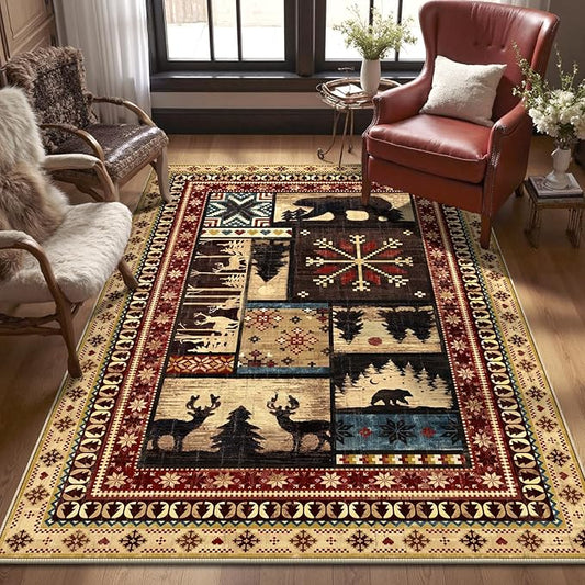 LOKHOM 4x6 Rustic Cabin Area Rug, Washable Western Lodge Bear Entryway Rug | Bear Pattern, Non-Slip, Low Pile, Soft Floor Carpet, Vintage Wildlife Accent, For Living Room Bedroom Nursery
