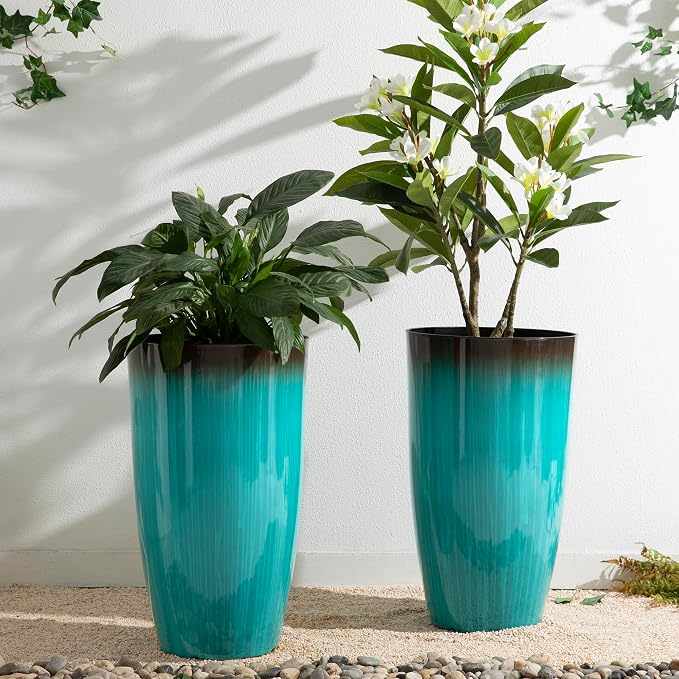 Glitzhome 23.5" H Tall Outdoor Planter, Set of 2 Large Tall Planters with Gradient Turquoise Faux Ceramic Finish, Large Flower Pots for Porch Garden Patio Indoor All Season Decor,with Drainage Holes