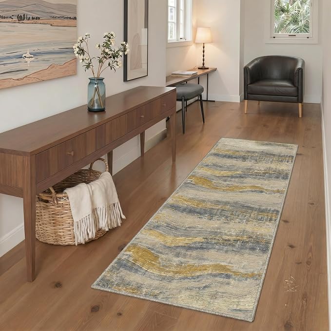 BEIMO 2x5 Non Slip Runner Rugs for Hallway, Wave Abstract Golden Beige | Soft Machine Washable Modern Runners,Streaks Pattern Indoor Marble Carpet for Kitchen Laundry Room Bedroom Bathroom