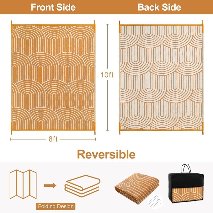 Lahome Outdoor Patio Rug Waterproof 9x12,Camping Rug for Outside Your Rv,Large Portable Lightweight Plastic Straw Carpets for Beach Backyard Garden(Orange,9'x12')