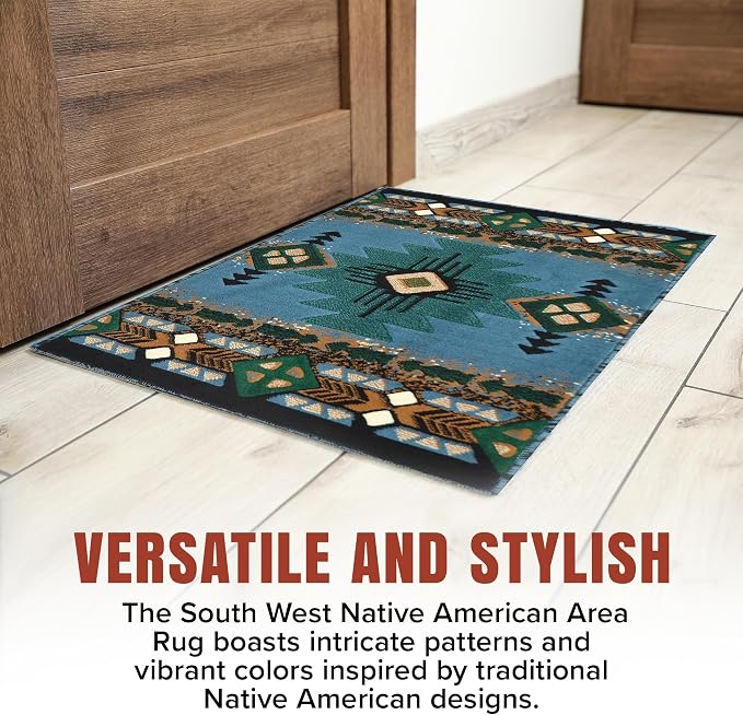 YHSF Southwest Native American Area Rug – Thick, Soft, Durable & Easy to Maintenance Tribal Design Boho Rug– Ideal for Bedroom, Living Room & Hallway - Blue-Green, 2 Feet 4 Inches x 10 Feet 11 Inches