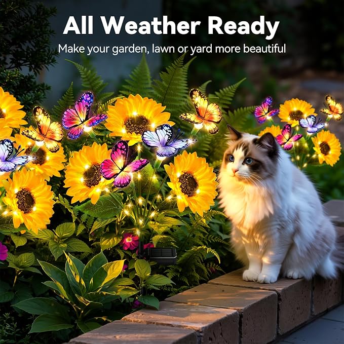 6 Pack Solar Garden Lights Outdoor, Sunflower Solar Lights with Butterfly IP65 Waterproof, Solar Flower Lights for Yard Patio Garden Decor, Auto On/Off Solar Sunflowers Decorative, Gifts for Mom Women