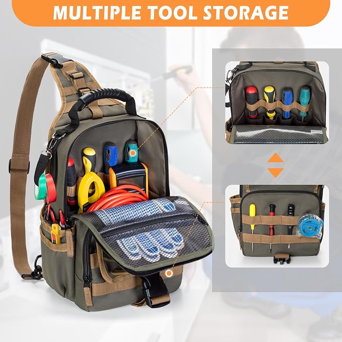 Electrician Tool Pouch Bag, Zippered HVAC Tool Organizer | Heavy-Duty Canvas Fabric, Ergonomic Handle, Removable Shoulder Strap, Ideal for Maintenance Repair Technician