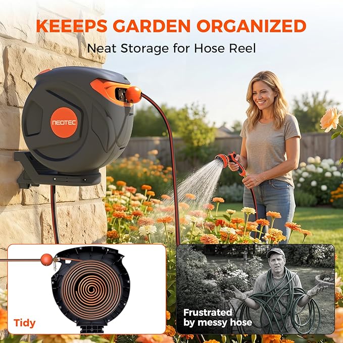 New Retractable Garden Hose Reel 5/8 inch x 50 ft 9 Pattern Nozzle Heavy Duty Wall-Mounted 180° Swivel Any Length Lock Automatic Slow Return UV Resistant Hose Reels for Outside