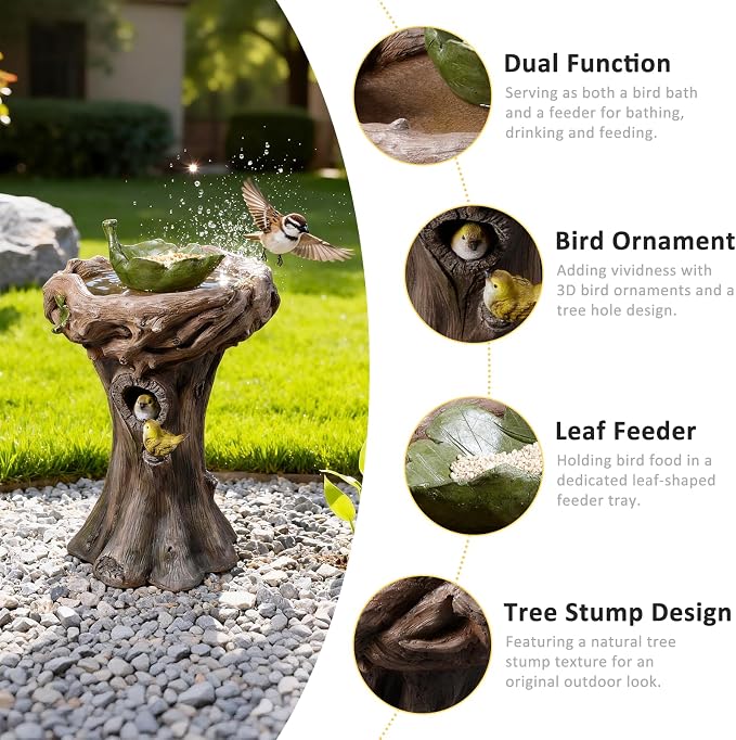 29.5" Bird Bath and Bird Feeder Combo for Garden - Tree Stump Design Resin Birdbath with Leaf Shape Seed Tray and 3D Bird Ornaments, Weather Resistant Garden Statue for Yard & Patio Decor (Brown)