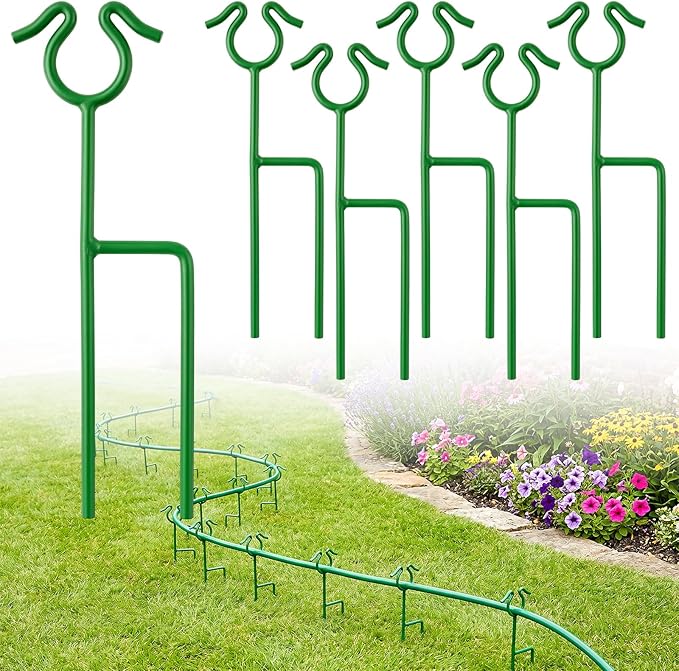 6 Pack Garden Hose Guide Stakes, 14 inch Metal Hose Guides for Garden Heavy Duty Rustproof Coated Spike Keeps Water Hose Out of Flower Beds Outside Lawn & Yard Plant Protection (Green)