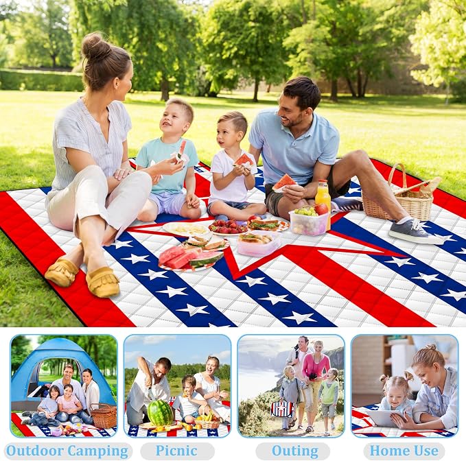 Poedist Extra Large Picnic Blanket Waterproof,80"x 80"Foldable Machine Washable Beach Blanket,Outdoor Blanket for 6-8 Adults, for Indoor Crawling,Park Beach,Camping,Hiking,Family Travel(Patriotism)