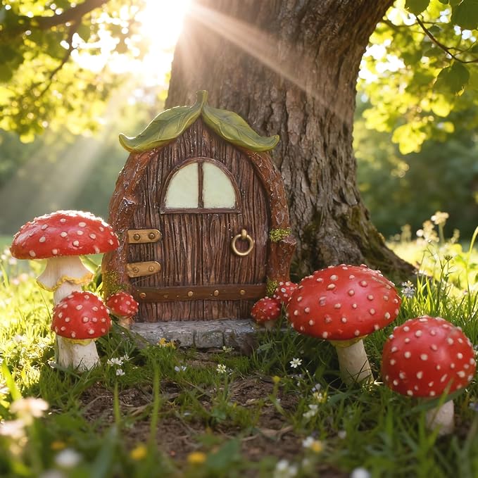 Mushroom Fairy Door for Tree, Miniature Fairy Garden House Decor Accessories, Glow in The Dark Yard Art Outdoor Statues Fairy House Kit for Gnome, Outdoor Yard, Stump, Lawn