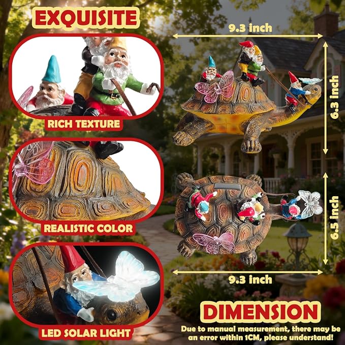 Sunthus Funny Garden Gnome with Solar Light Yard Art Resin Figurine Décor | Turtle Statue For Outdoor Garden Decorations