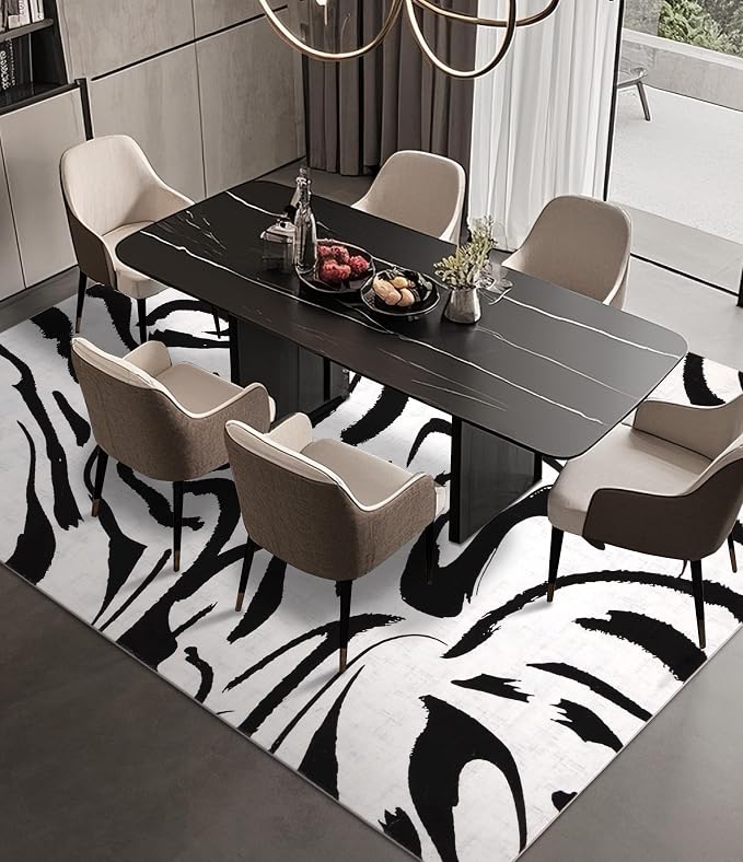 Modern Area Rugs for Bedroom,5x7 Washable Black and White Rug, Thin Abstract Geometric Minimalist Striped Rug, Black Rugs for Bedroom,Kitchen,Dining Room Office