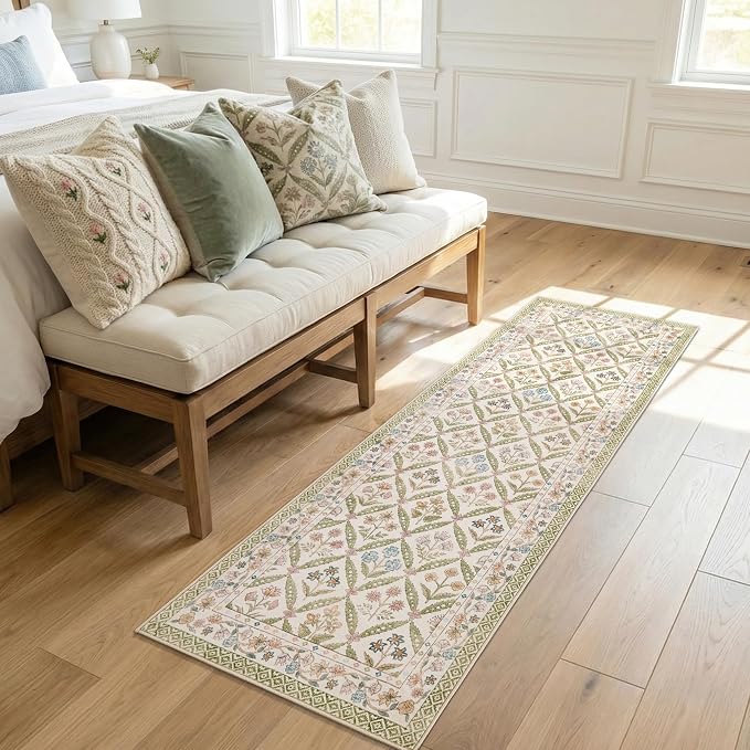 jinchan Runner Rug 2x6 Vintage Floral Washable Hallway Area Rug, Sage Green | Soft & Lightweight, Checkered Floral, Low Pile, Non Slip, Entryway, Kitchen, Bedside, Laundry Room, Cottage Decor