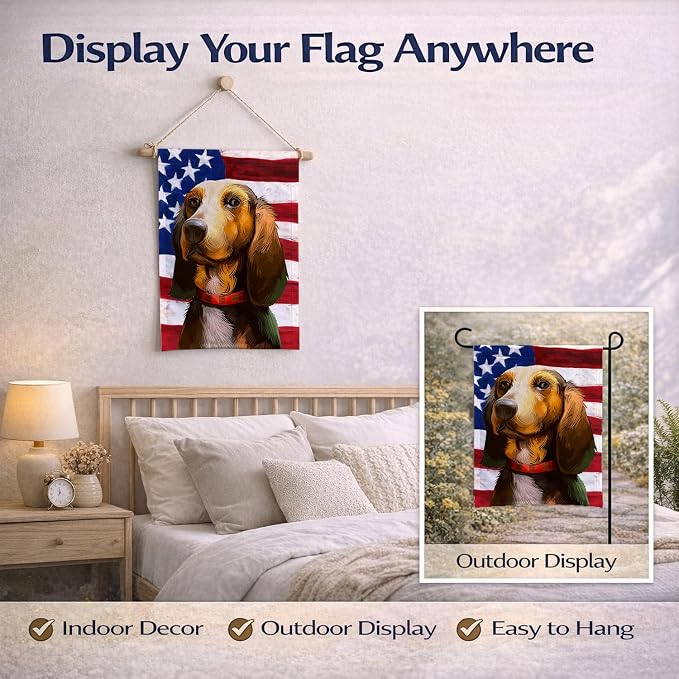 Caroline's Treasures CK6464GF Bruno Jura Hound Dog American Flag Garden Flag Mailbox Flag Decorative Yard Flag Banner Outside Patio Artwork Yard Flower Beds, Garden Size, Multicolor