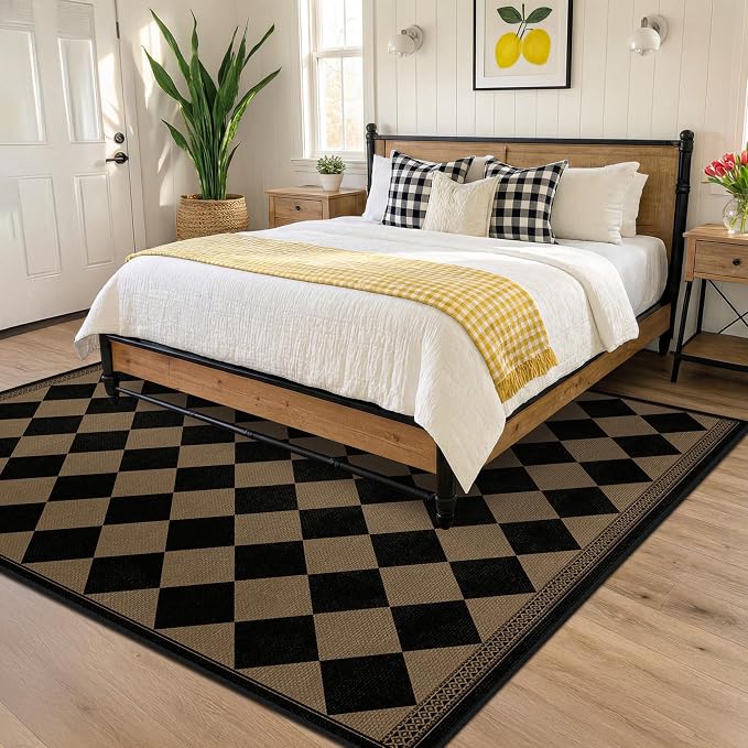 Easy Jute Checkerboard 8x10 Indoor Outdoor Area Rugs for Living Room Patio, Large Washable Non-Slip Checkered Outdoor Rug, Boho Diamond Geometric Pattern Black and Brown Bedroom Dining Room Carpet