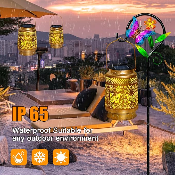 2 Packs Butterfly Solar Lanterns Outdoor Waterproof with Shepherd Hook,Garden Lights Butterfly Decor,Christmas Decorations Birthday Gifts for Women Mom,Hanging Solar Lights Decorative for Patio,Porch