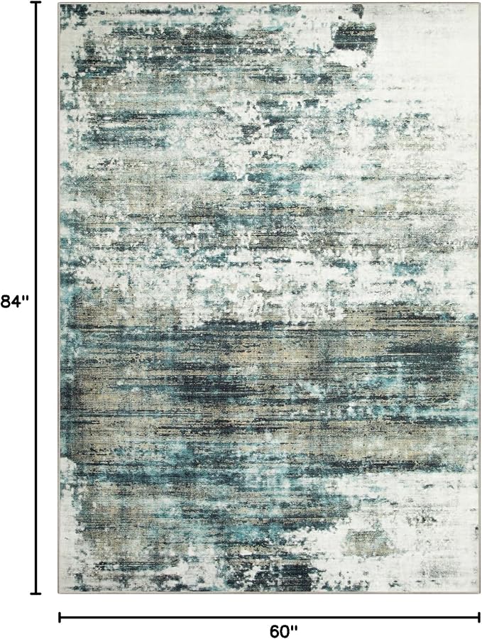 5x7 Area Rugs for Living Room: Washable Abstract Teal Green Badroom Carpet | Non-slip TPE backing makes this washable soft low-pile rug safe & durable, Pet-friendly decor for dining room,nursery,office