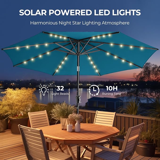 HOMSHADE 9ft Solar Patio Umbrella - Solar Lights LED Lighted Outdoor Market Table Umbrella, UPF50+ UV Protection with Push Button Tilt, Crank for Pool Deck and Garden (Peacock Blue)