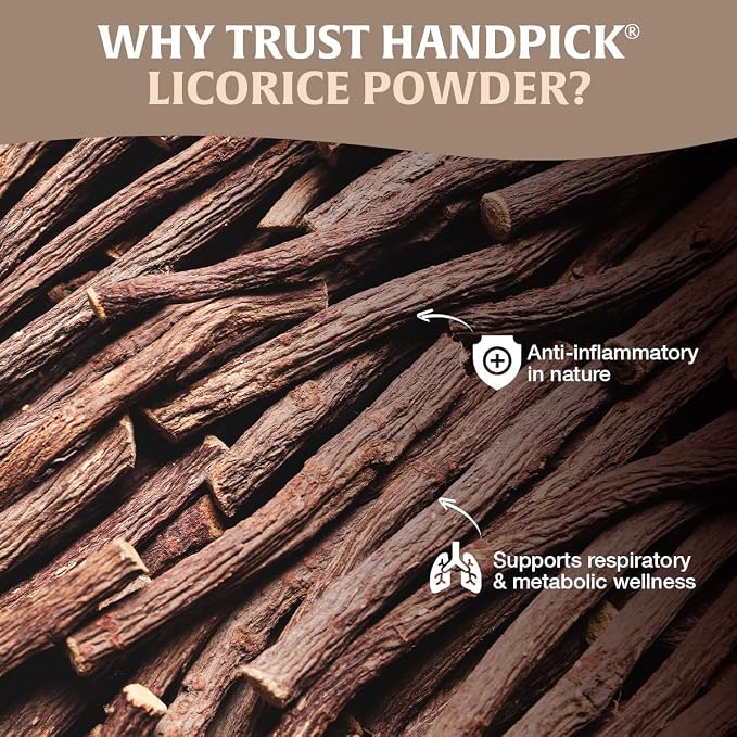 HANDPICK Licorice Root Powder (226g/8oz) Non GMO, Gluten Free, 100% Raw Ground Mulethi, Sourced from India, Glycyrrhiza Glabra, Packed in Resealable Ziplock Pouch