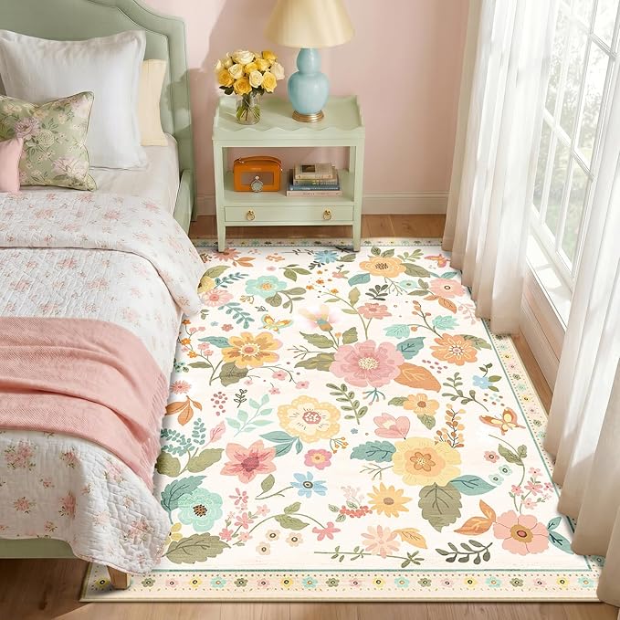 RELEANY Floral Washable 3x5 Area Rugs Beige/White/Orange | Flower Carpet, Print, Boho, Non-Slip, Easy to Clean, Soft, Low Pile for Living Room Bedroom Kitchen Office Entryway Hallway