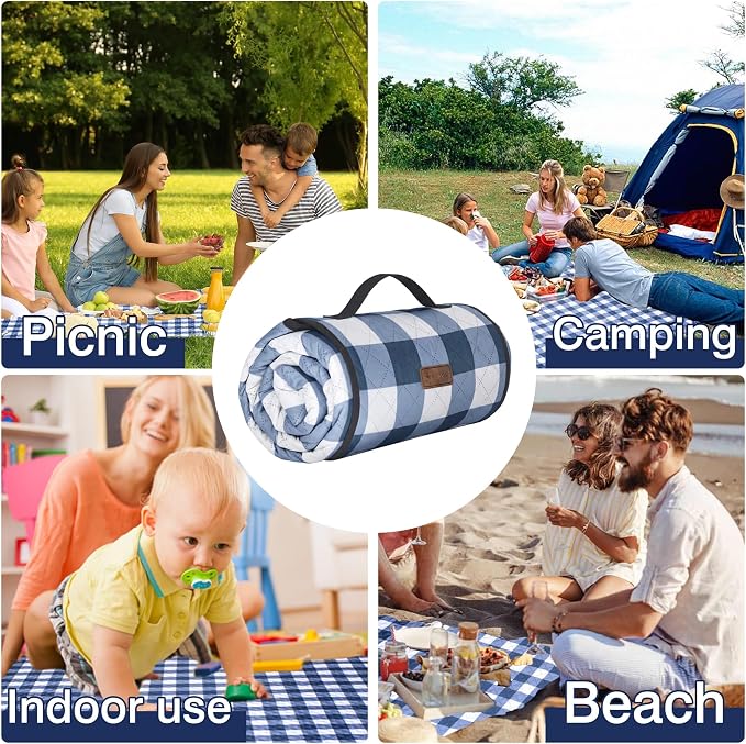 HX&OD Outdoor Picnic Blanket, Extra Large, 80''x80'' Waterproof Foldable Blankets Gingham Picnic Mat for Beach, Camping Grass Lawn Park Accessories Cute Couple Ideas Wedding (Blue, 80”x80”)