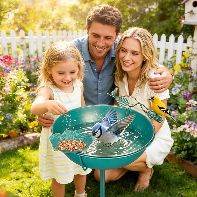 Mellbree Metal Bird Bath for Outside, 13" Dia 39" H Lake Blue with Gold Gilding, Freestanding with Perch & Feeder Bowl, Multi-Functional for Garden Patio Yard Lawn Outdoor Decor