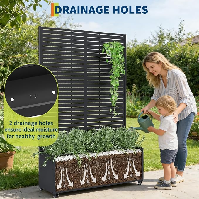 GarveeLife Metal Planter Box with Trellis and Wheels, 71"x47"x16" Raised Garden Bed for Climbing Plants, Vegetables, Vines, Privacy Planters for Patio with Drainage Holes, 15.7" Deep Planting Bed