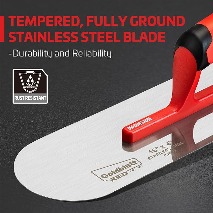 Goldblatt RED Stainless Steel Pool Trowel, 16"x 4" Professional Drywall Masonry Trowel with Soft Grip Handle, Lightweight Magnesium Shank, Round End, Plastering Trowel for Drywall Wallboard