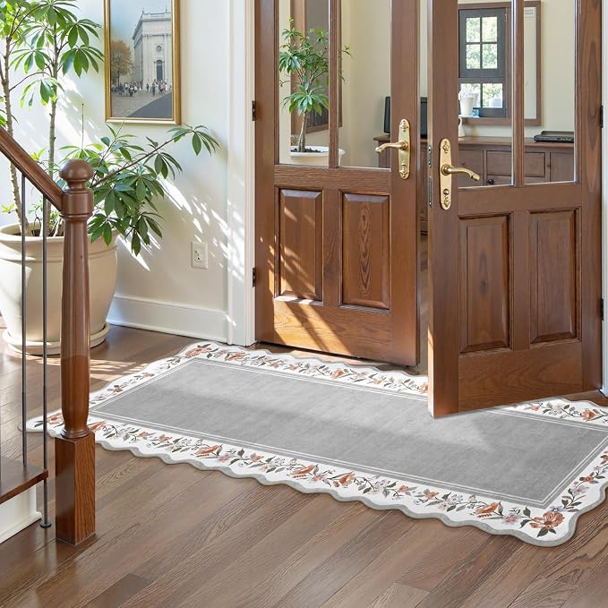 Lahome Grey Scalloped Washable Runner Rug 2x6 for Hallway | Non Slip Backing, Low Pile Soft Boho Floral Runner for Kitchen, Entryway, Laundry, Bedroom, Ariele