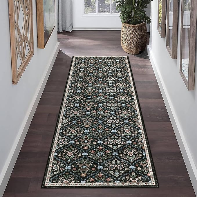 ROYHOME Runner Rug Trellis Washable Hallway Runner Non-Slip | Stain Resistant Vintage Distressed Floral Entrance Carpet for Bedroom Laundry Kitchen Entryway, Black, 2' x 6'
