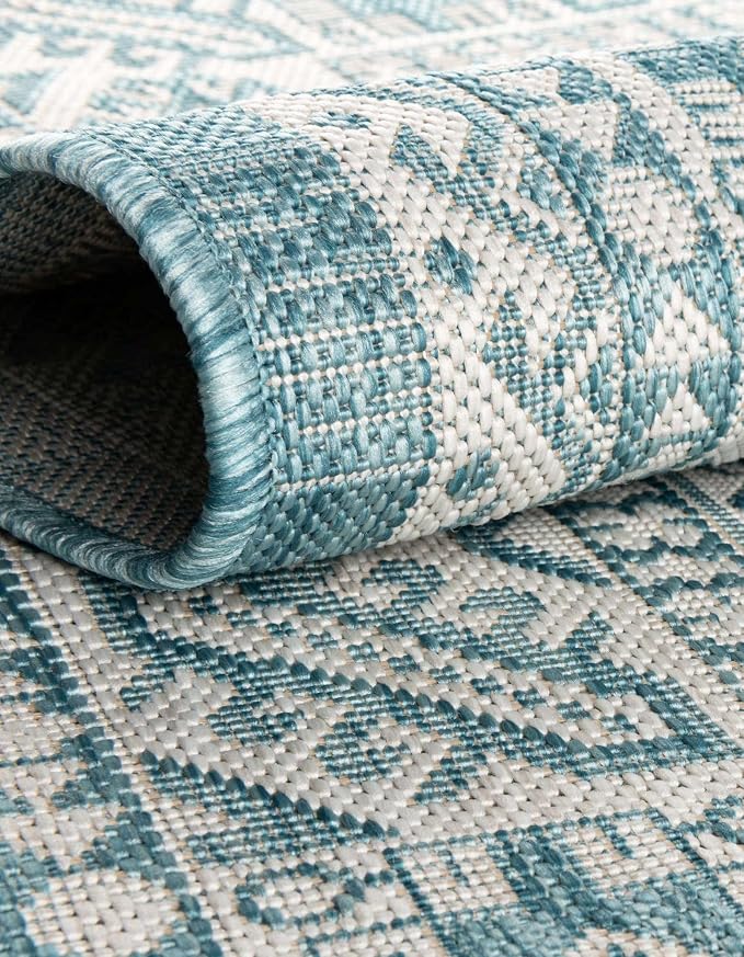 Unique Loom Outdoor Aztec Collection Area Rug - Chalca (3' 3" Round, Aqua/ Ivory)