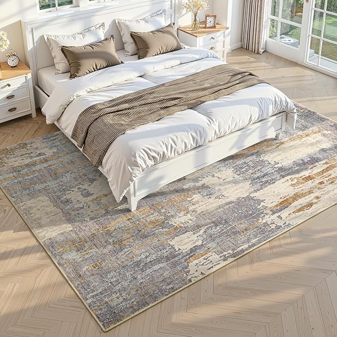Toneed Washable 5x7 Camel Area Rug with Non-Slip Backing for Living Room | Abstract Modern Rugs, Soft Low Pile Carpet for Bedroom Kitchen Dining Room Nursery Indoor Floor Office Home Decor