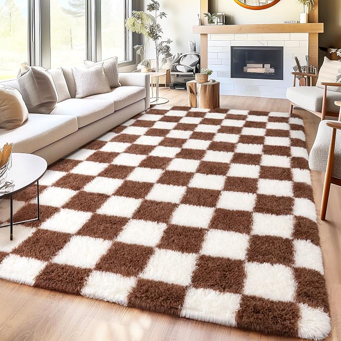 Checkered Rug for Living Room 6x9, Ultra Fluffy Fuzzy Shag Large Area Rug for Bedroom, Modern Plush Soft Upgrade Non-Slip Carpet for Kids Girls and Boys Room Dorm Home Decor, Cream and Coffee
