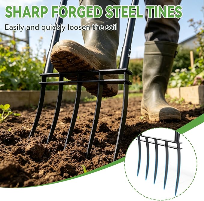 Broadfork Garden Tool, Heavy Duty 5-Tine Hand Tiller with 12" Sharp Tines and 2" Wide Foot Bar, Steel Soil Aerator Digging Fork for Loosening Compacted Soil, Garden Beds, Lawn and Yard