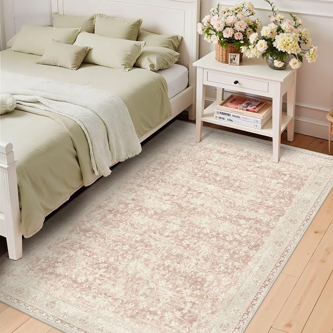 Latte&Fog Pink Rugs for Girls Bedroom, Vintage Washable 4x6 Area Rug | for Living Room Dining Kitchen Kids Playroom Nursery Classroom Dorm Farmhouse Office, Non Slip Low Pile Soft Floral Carpet