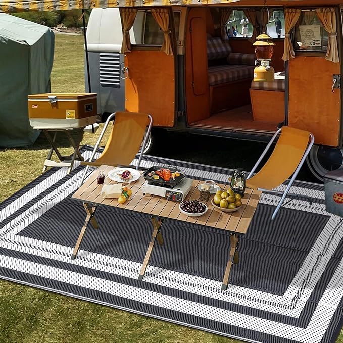 Garvee 9x12 Outdoor Rug for Patio Plastic Straw Rug Waterproof Reversible Mat Lightweight Foldable Carpet Easy Clean Large Rugs for Patio Porch Backyard Camping RV Beach Balcony Deck Panel Grey