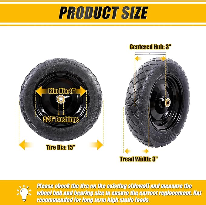 MZREXN 4.80/4.00-8" Flat Free Tire and Wheel 15" Wheelbarrow Tires | 3.00-4.00/4.80-8" Solid Tires with 5/8" & 3/4" Bearings, 3" Centered Hub for Hand Truck Garden Trailers 2PCS Black
