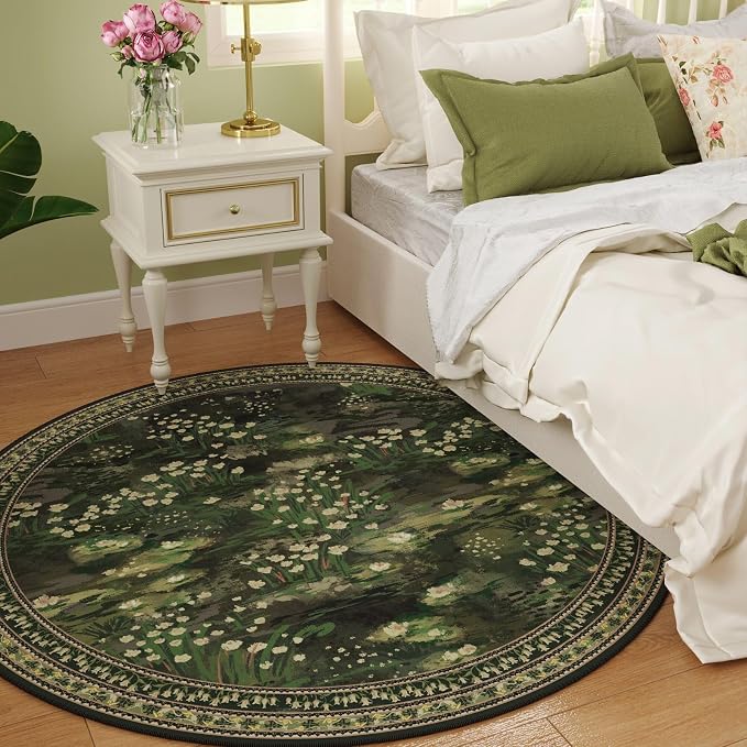 Rugcomf Circle Rug Impressionist-Style Vintage 5ft Round Rug Non Slip Low Pile Small Circular for Bedroom Bathroom Entryway Kids Room Office College Dorm, Green