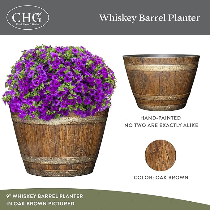 Classic Home and Garden Whiskey Plastic Resin Flower Pot Barrel Planter, Oak Brown, 9" (Pack of 2)
