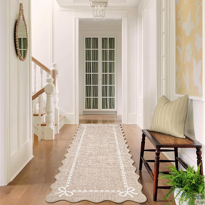 GarveeHome Scalloped Hallway Runner Rug 2.5x10 Non Slip Bedroom Rugs, Camel | Washable Bow Rug for Girls Dorm Nursery Living Room Entyrway Kitchen, Soft Low Pile Ultra-Thin Stain Resistant Indoor Carpet