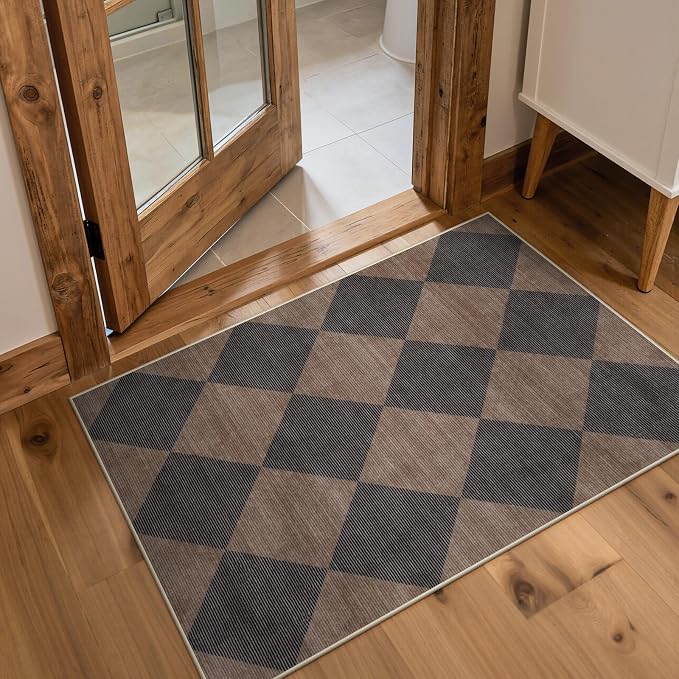 Beeiva Checkered Print 2x3 Samall Area Rugs for Entryway, Washable Stain Resistant Kitchen Rug Non Slip Ultra Thin 2x3 Bath Mat, Plaid Moroccan Alfombra for Bedroom Laundry Sink (Brown/Black)