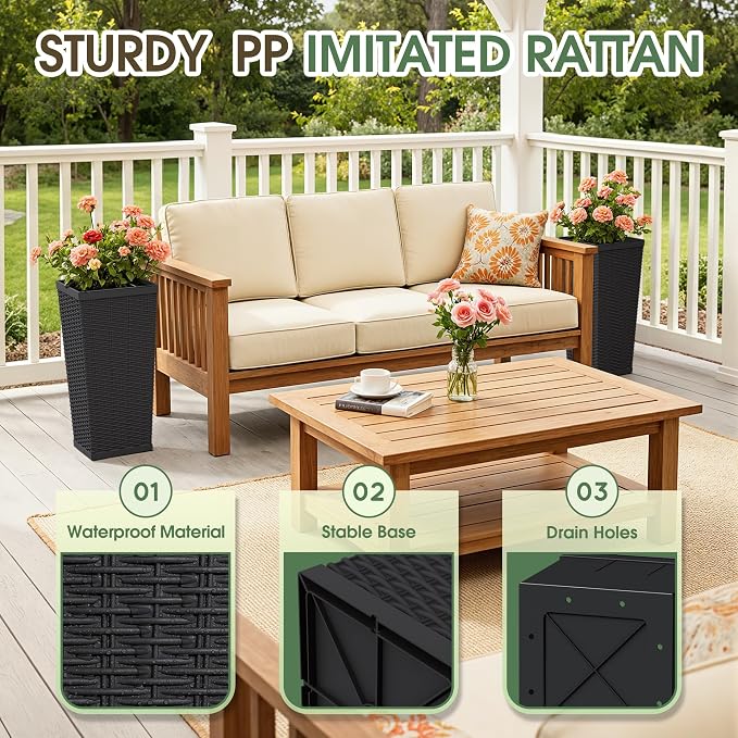 24 Inch Tall Plastic Planters (Set of 2), Detachable Inner Pot & Drainage Holes, Outdoor Decorative Flower Pots for Large Plants, Trees, Patio, and Garden, Black