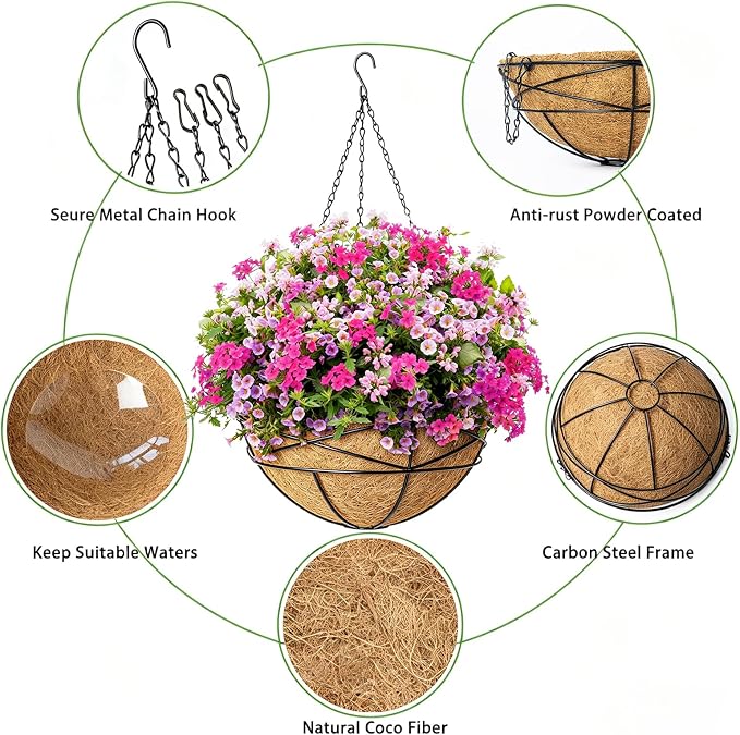 2 Pack 12 Inch Hanging Planters for Outdoor Plants Metal Watering Flower Baskets with Coco Liner for Hanging Pot Round Plant Holders Planter for Outside Garden Decor